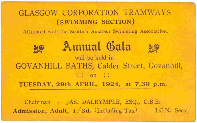 A yellow ticket to a gala at Govanhill Baths in 1924