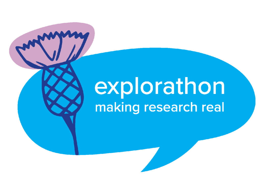 Graphic with 'explorathon, making research real' inside a speech bubble beside an illustration of a thistle