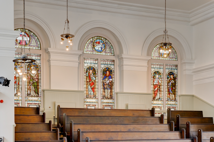 Interior of stained glass windows in the auditorium of Adelaide Place