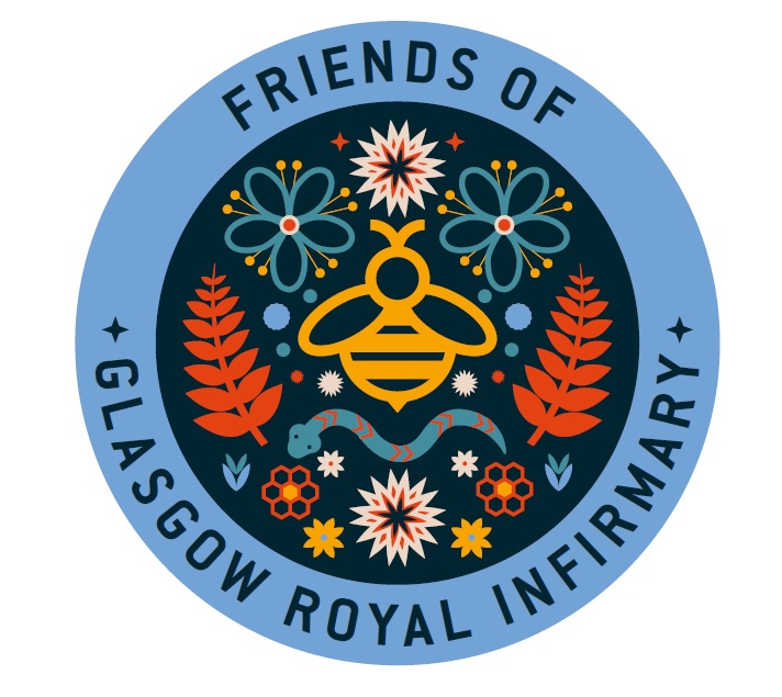 The friends of glasgow royal infirmary logo which is a blue cirlce with floral decorations, a bee in the centre and a snake below.