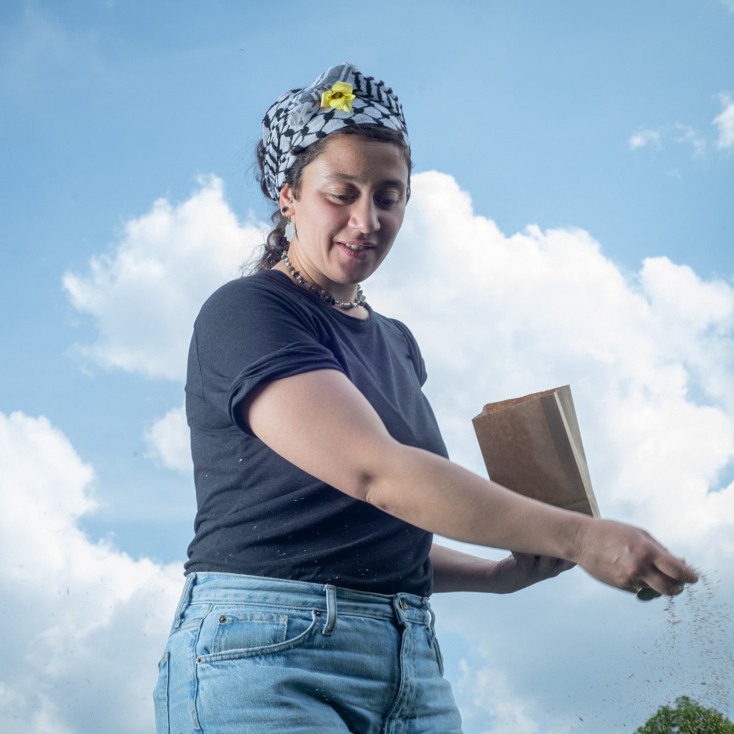 A woman sowing seed against the backdrop of a blue sky