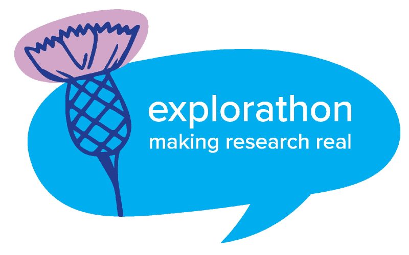 Graphic with 'explorathon, making research real' inside a speech bubble beside an illustration of a thistle