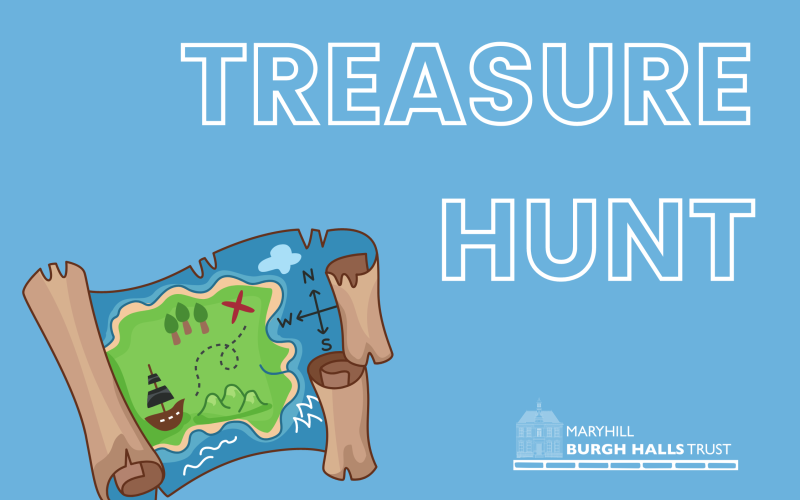 Blue picture with a pirate map saying ''Treasure Hunt''