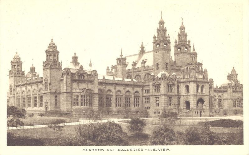Vintage postcard showing a sepia tone photograph of the exterior of Kelvingrove Art Gallery and Museum.